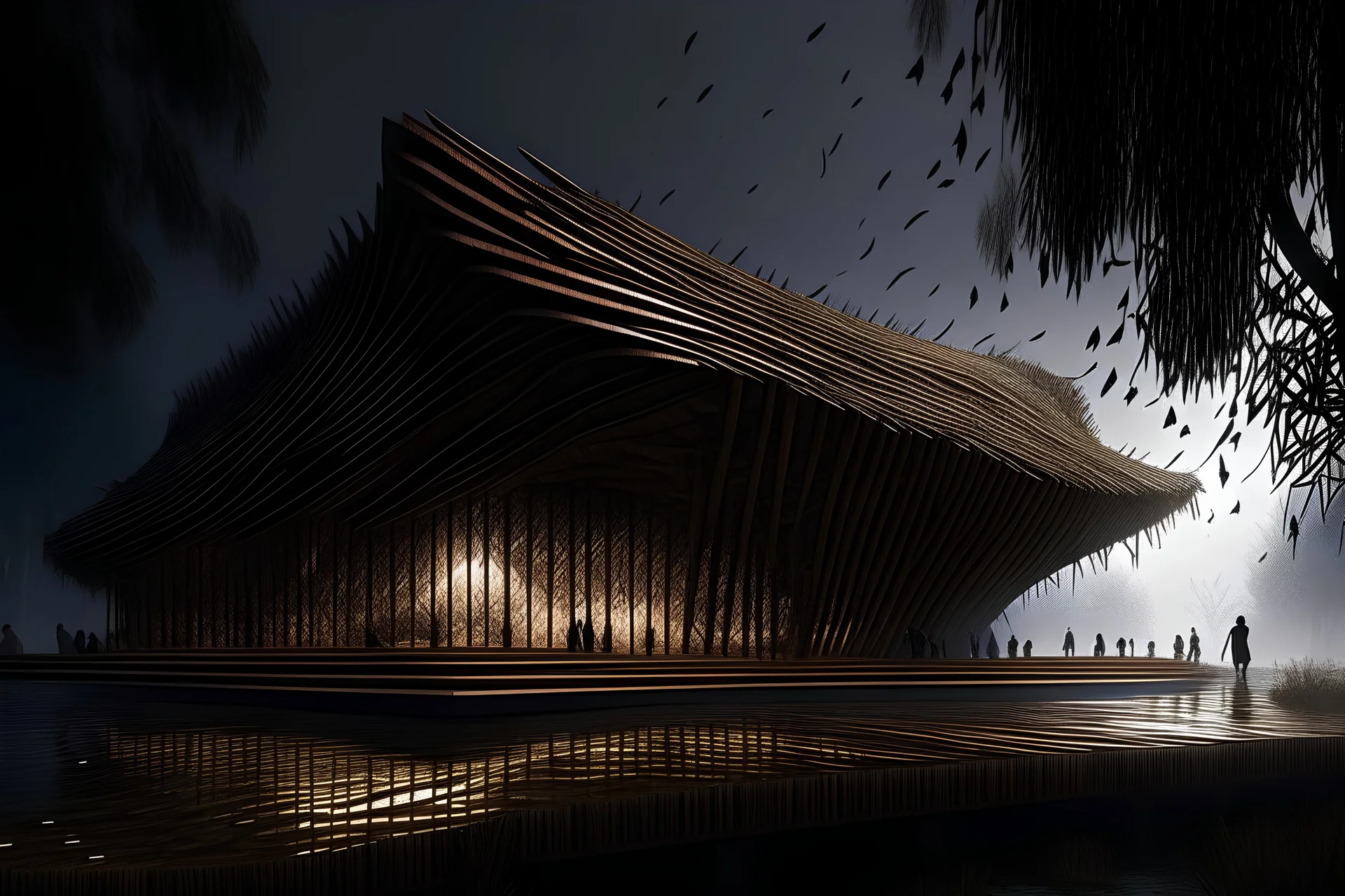 futuristic Iranian theatre with parametric wooden outer skin, vernacular architecture, in the marsh, wooden structure, sloped roof, wealth of flora, with dancing performance, fog and rain, light ray