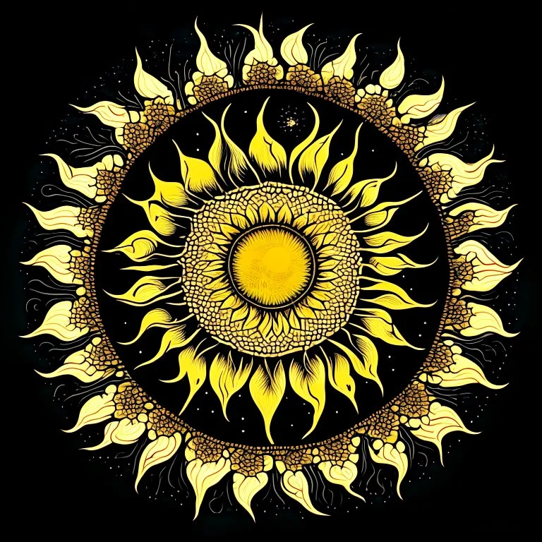 Silkscreen printing stylized sunflower, moon, mandala decoration