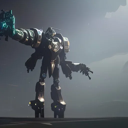 Mecha with metal spider legs his hands are machine guns. Driver is animal