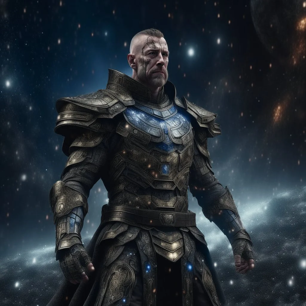 A man powerful commander in a dress made of galaxies and stars with a huge army