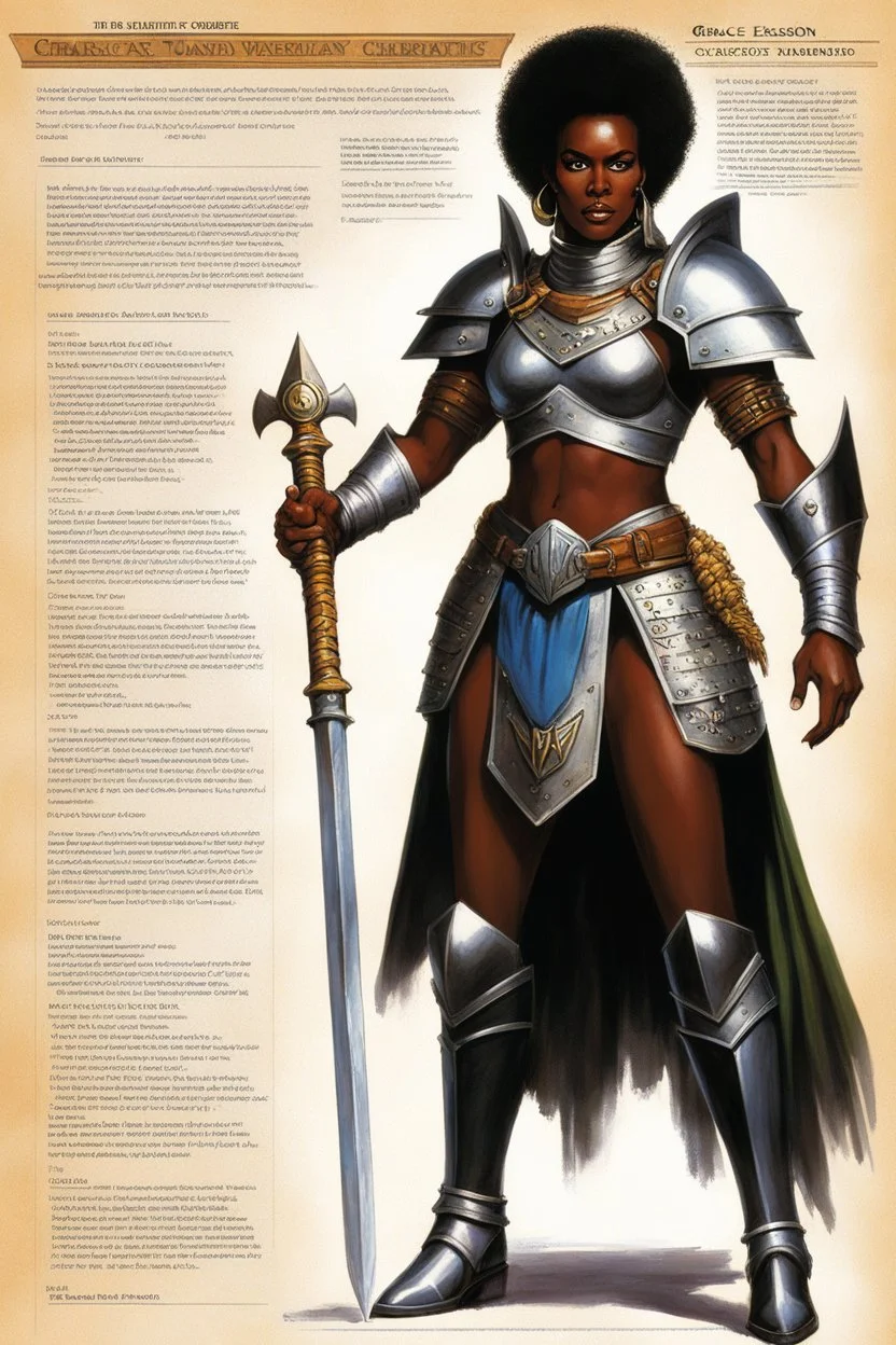 character concept sheet with AD&D statistics and characteristics, [illustration by Jeff Easley] playable class of Jamaican afro-star Grace Jones as a warrior with a large mace and a revealing nickel-plated paladin armor