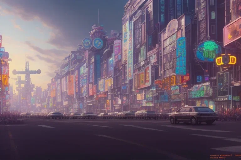 a highly detailed matte painting of buildings with billboards and neonsigns, crowded, by studio ghibli, makoto shinkai, by artgerm, by wlop, by greg rutkowski, octane render, volumetric lighting, volumetric clouds, global illumination, sss, hdr, uhd, 4k resolution, vivacity colors, trending on artstation, masterpiece