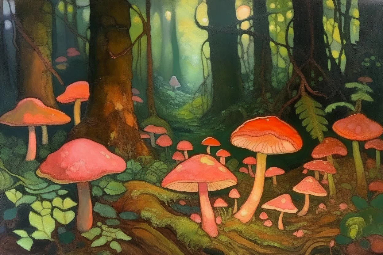 A forest filled with pink glowing mushrooms painted by Paul Gauguin