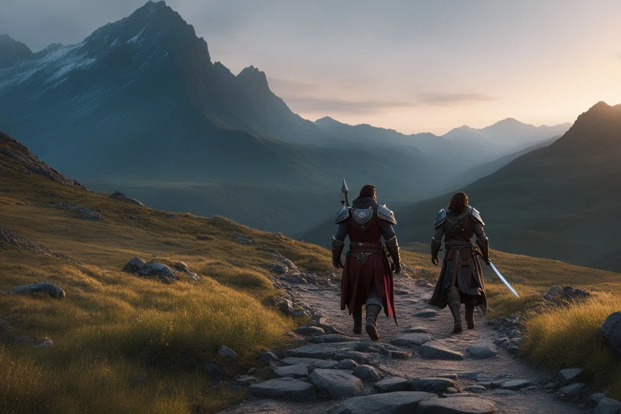 A panoramic, cinematic film still capturing Griz, a imposing female half-orc cleric, and a stoic male grey Ranger walking side-by-side on a rugged highland path at dusk. The scene is shot on 75mm Technicolor, Panavision, and presented in Cinemascope (2.35:1) with sharp focus, fine details, and an 8k HDR realistic texture. Griz (left) has greenish skin marked by visible ritual scars, intelligent burning yellow eyes, and an intense expression as she speaks softly. She wears sturdy fur boots, dark
