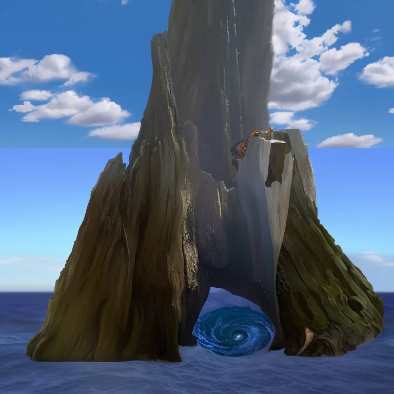 a giant hollow tree trunk emerging from the ocean, a whirlpool in the ocean