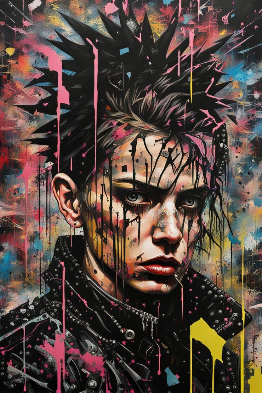 Ultra detailed medium portrait painting of chaos showing anxiety , no air, tight, torn up punk poster, broken circuitry background, matrix effects, punk visual art, punk art aesthetic, graffiti art, pop surrealism, collage art, cluttered paint glitches