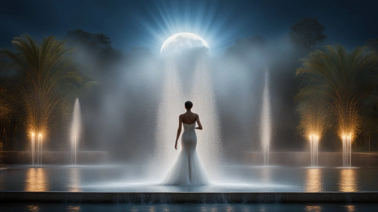 moonlight, sparkling fountains, recreation, relaxation, luxury, magnificent, showers, glistening water spray, charismatic people, exposed, dream world, calm beauty, symmetry, fantasy world, magic, splendor, ecstatic, uplifting, inspiring, therapeutic, chiaroscuro, color, award-winning colour photograph, beautiful composition, exquisite detail, Nikon 135mm