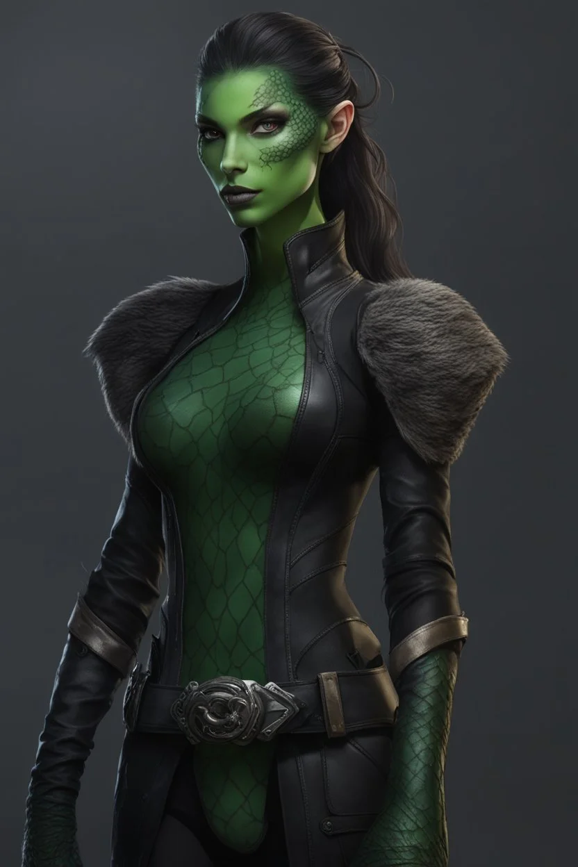 female snake humanoid, green scales, wearing a black leather armor, dungeons and dragons