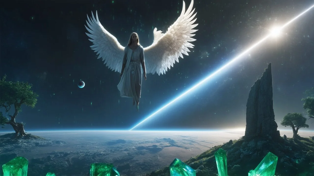 matrix universe, space, planets, god creation, angels from other dimensions with beautiful wings, trees on the planet, behind green crystals of light, few tiberium monolith deposits on the planet near tree,