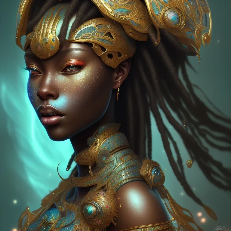 sango fantasy, fantasy magic, intricate, sharp focus, illustration, highly detailed, digital painting, concept art, matte, masterpiece head sexy view black African beauty black afro hair space lady turquoise carp skin African space lightning