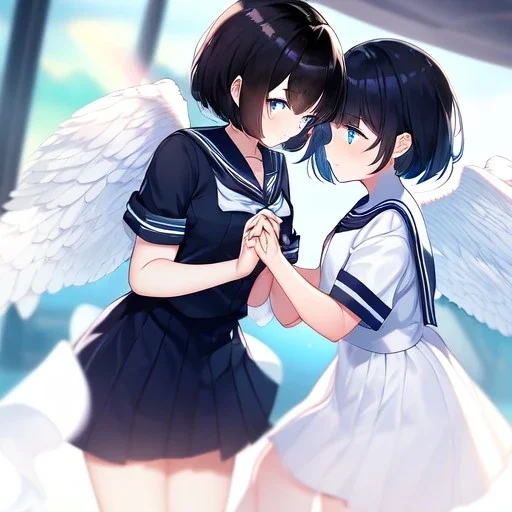 Clear focus,High resolution, Black short fluffy hair, and blue eyes, wearing a sailor uniform, must wear a short skirt, Blushing, Holding another girls hand, angel and devil