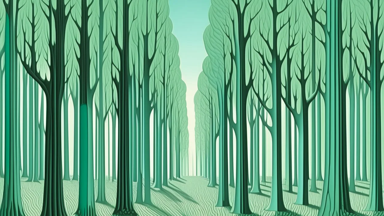 A mint colored forest with warped trees painted by Rene Magritte