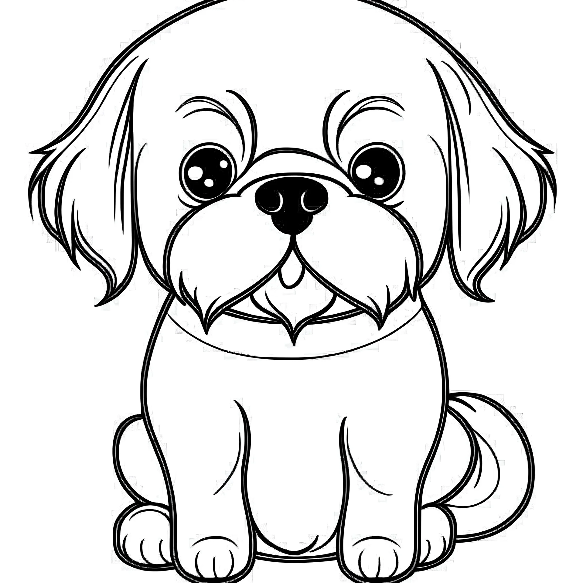 coloring page for kids age 2-5 years, puppy Shih Tzu ,cartoon style,thick lines, extremely low detail,no shading,no grey color, very simple art,only 2 legs and 2 arms ,white background, Centre aligned,size of art smaller than background size