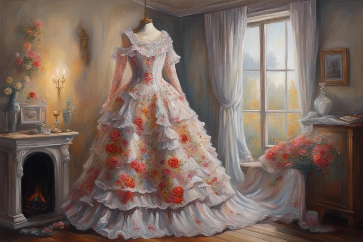 A beautiful romantic ruffled dress, decorated with beautiful embroidered flowers and lace, hanging on a hanger in a bedroom by the fireplace, in the light of the fireplace, Hyper realistic, oil on canvas award winning fantastic view ultra detailed acrylic art Ultra realistic Impressionism Surrealism simen johan, sharp focus intricate oil on canvas cinematic lighting photorealistic high detail ultra detailed crisp quality colourful, ethereal, cinematic postprocessing, bokeh, dof in sunshine