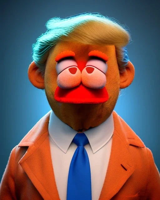 Waist up Portrait, Donald trump muppet, Sesame Street style, retro style, photo studio, blue background, unreal engine 5, god lights, ray tracing, RTX, lumen lighting, ultra detail, volumetric lighting, 3d.