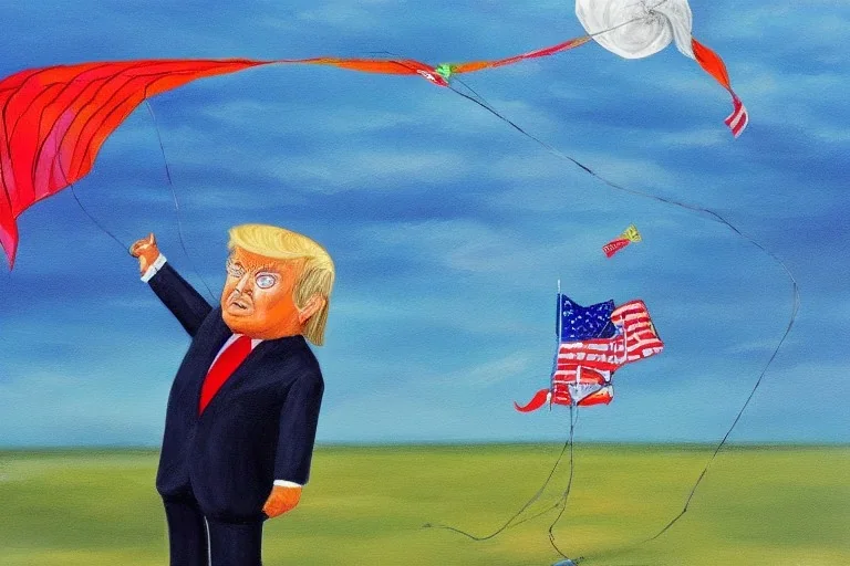 Painting, donald trump flying a Traditional kite in a rainstorm