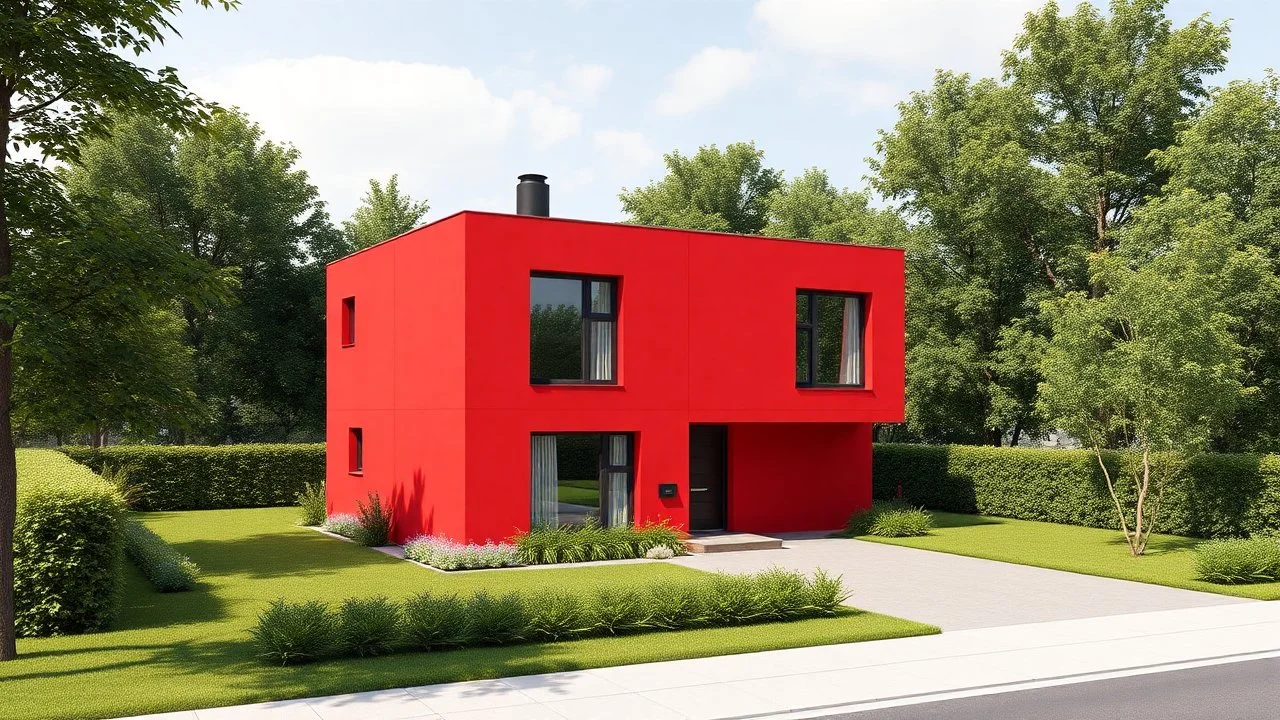 Single-family home designed as a pure red cube with random gaps or windows