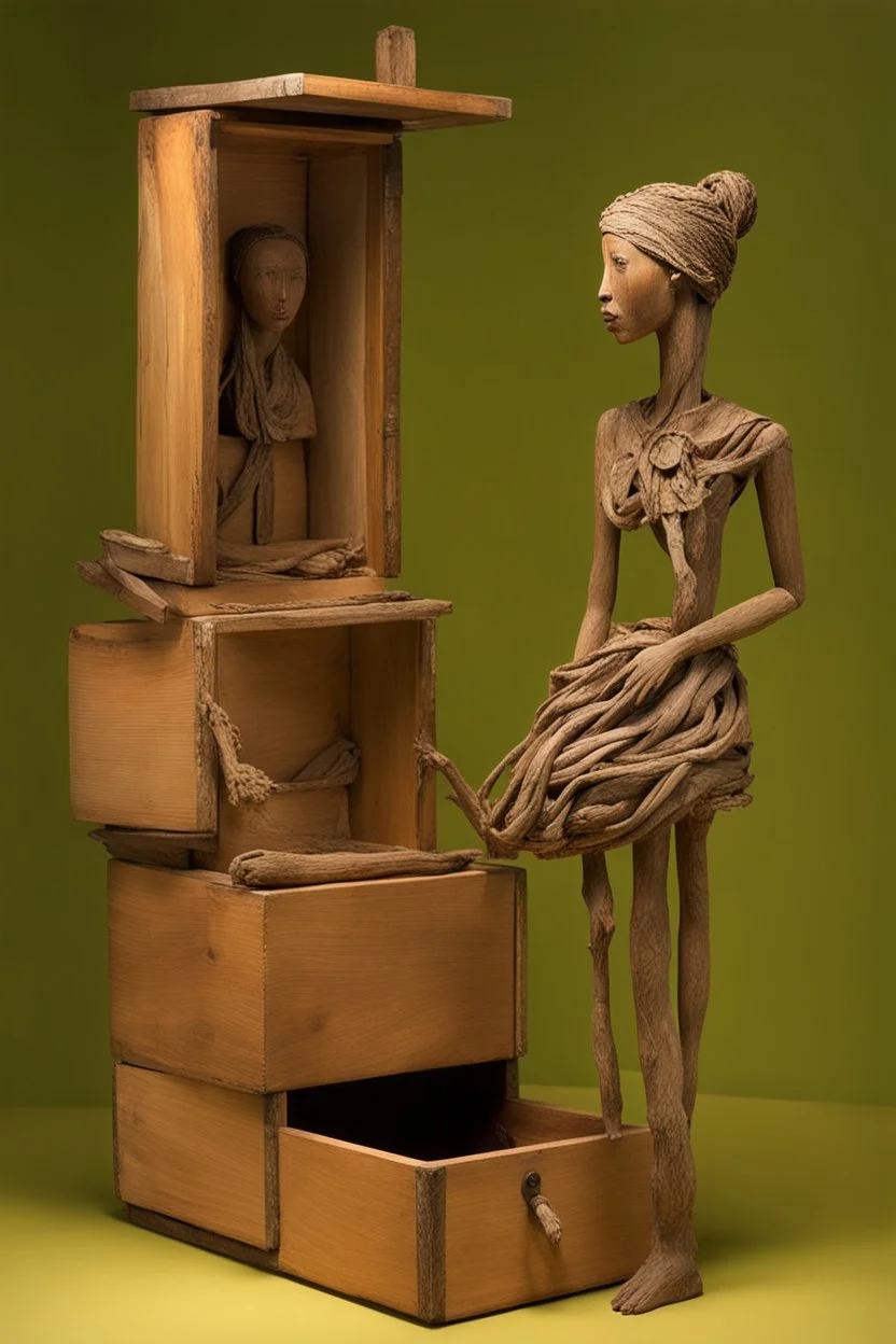 a statue of a woman made of driftwood in a wooden box by assemblage artist "Betye Saar"