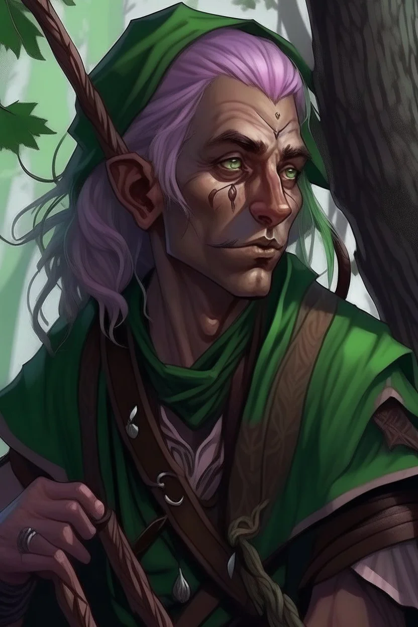 Middle aged wood elf, rogue assassin, brown skin, bright green eyes, mauve hair, sneaky, trees, stoner, long bow, black leather straps, disheveled, smoking weed