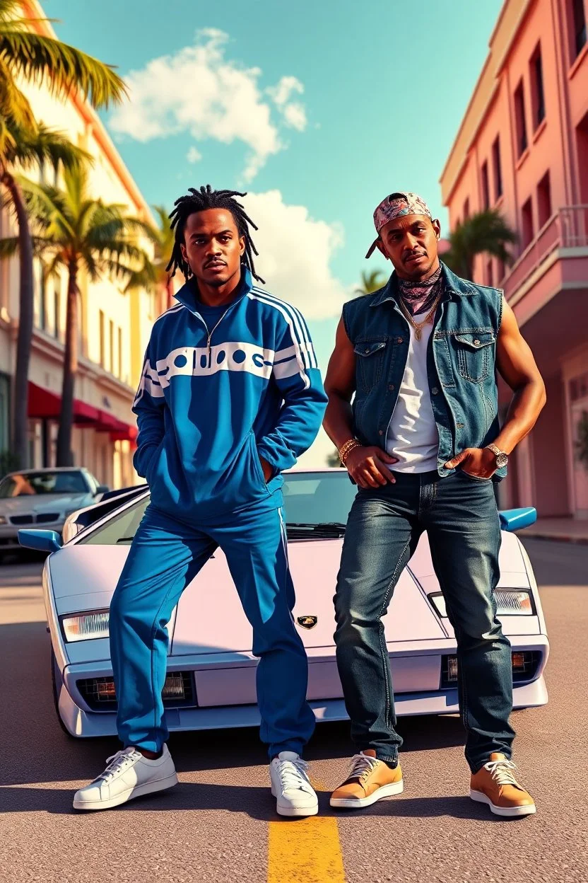 A vibrant, cinematic “Grand Theft Auto: Vice City”-style poster set in a pastel-colored Miami street with Art Deco buildings, tall palm trees, and warm sunlight. Two stylish men stand confidently in front of a vintage Lamborghini Countach. One man wears a blue Adidas tracksuit with white sneakers, hands in pockets, sporting short dreadlocks and a casual relaxed expression. The other man wears a denim vest over a white T-shirt, dark jeans, a bandana, and gold accessories, giving a cool streetwear