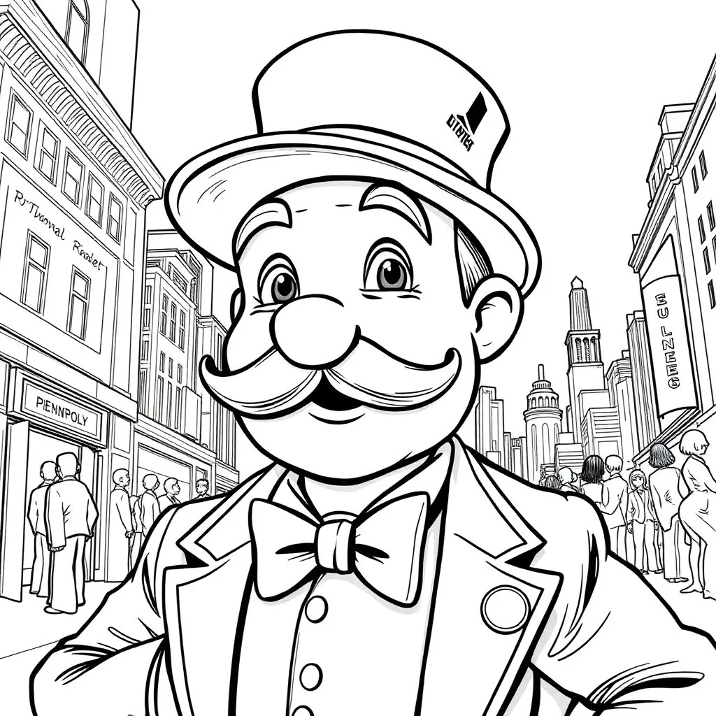 the monopoly man Mr. Pennybags wearing a trucker cap, lineart
