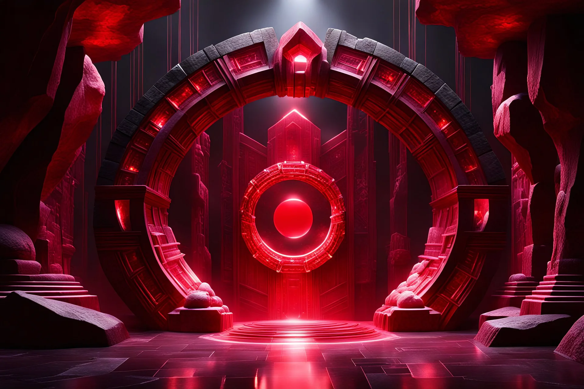 A Stargate portal, Made of Deep Crimson Crystal with light red accents, Irregular surface of crystal, Within a Dark Stone temple with red lighting and shadows,