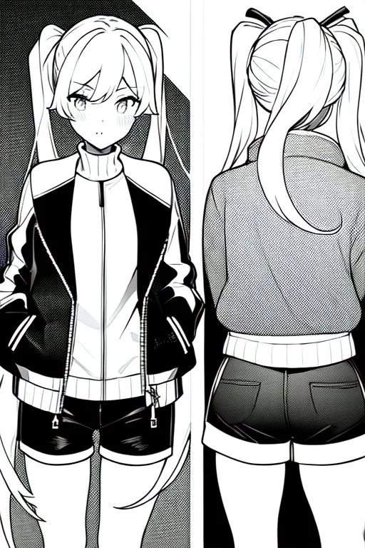 blonde girl with ponytails dressed in a jacket and shorts walks briskly, front view, greyscale