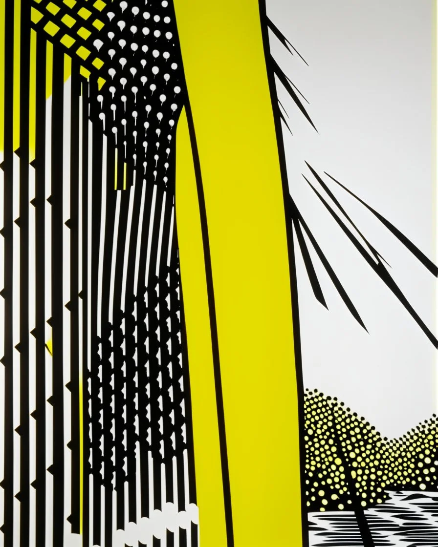 A yellow peak with torii gates in daylight painted by Roy Lichtenstein