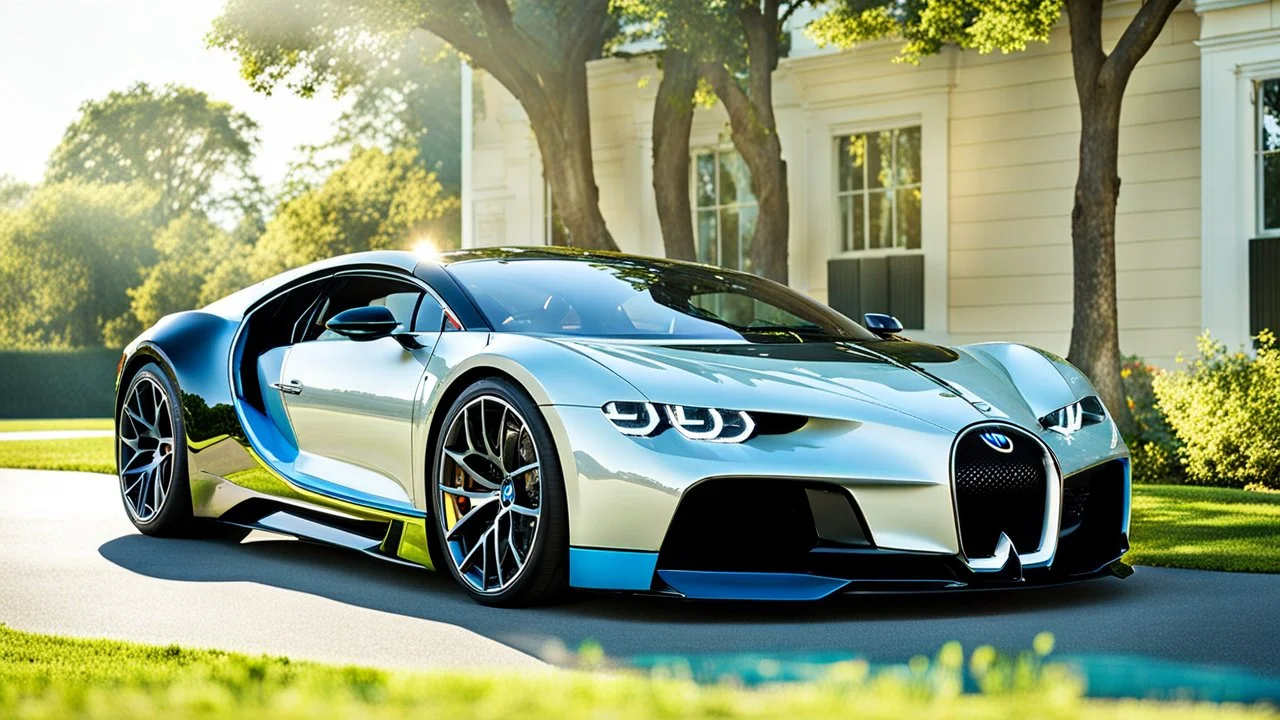 A sleek (((a fusion of bmw and bugatti chiron))), its glossy shell reflecting the (((bright sun))), cutting through a (((clear bright blue morning sky)))