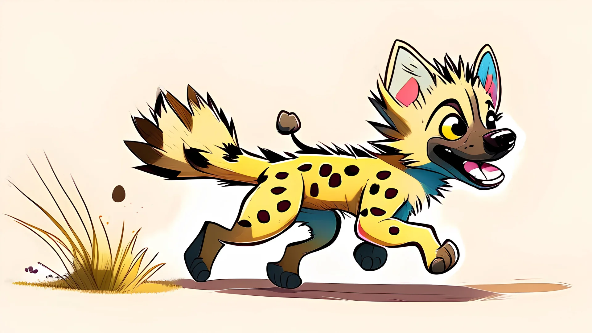 Cute chibi-style hyena dog, chasing its own tail, cartoony, colorful, exaggerated, simplified, adorable