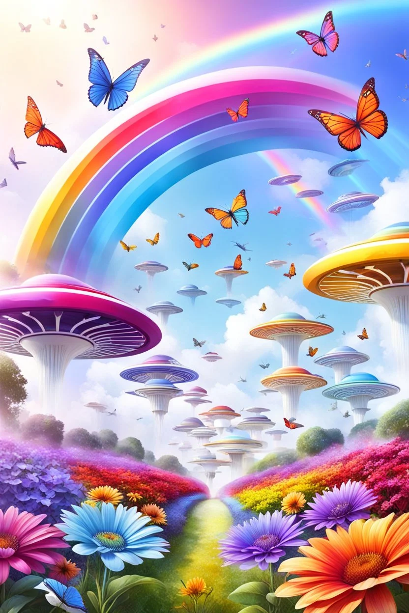 colors, very beautiful, flowers garden,rainbow, cité très futuriste ultra moderne, ufos rainbow, ufos fleet, intergalactic, birds, butterfly