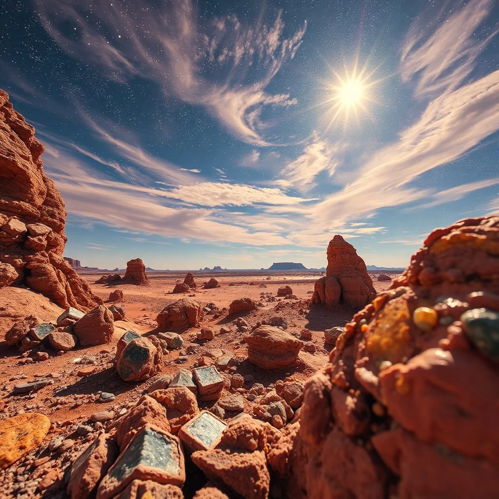 Close-up fantastic mineral constructions and multicolored concretions under a sparkling sky in a desert panorama, reminiscent of the fiery expanses of Mars