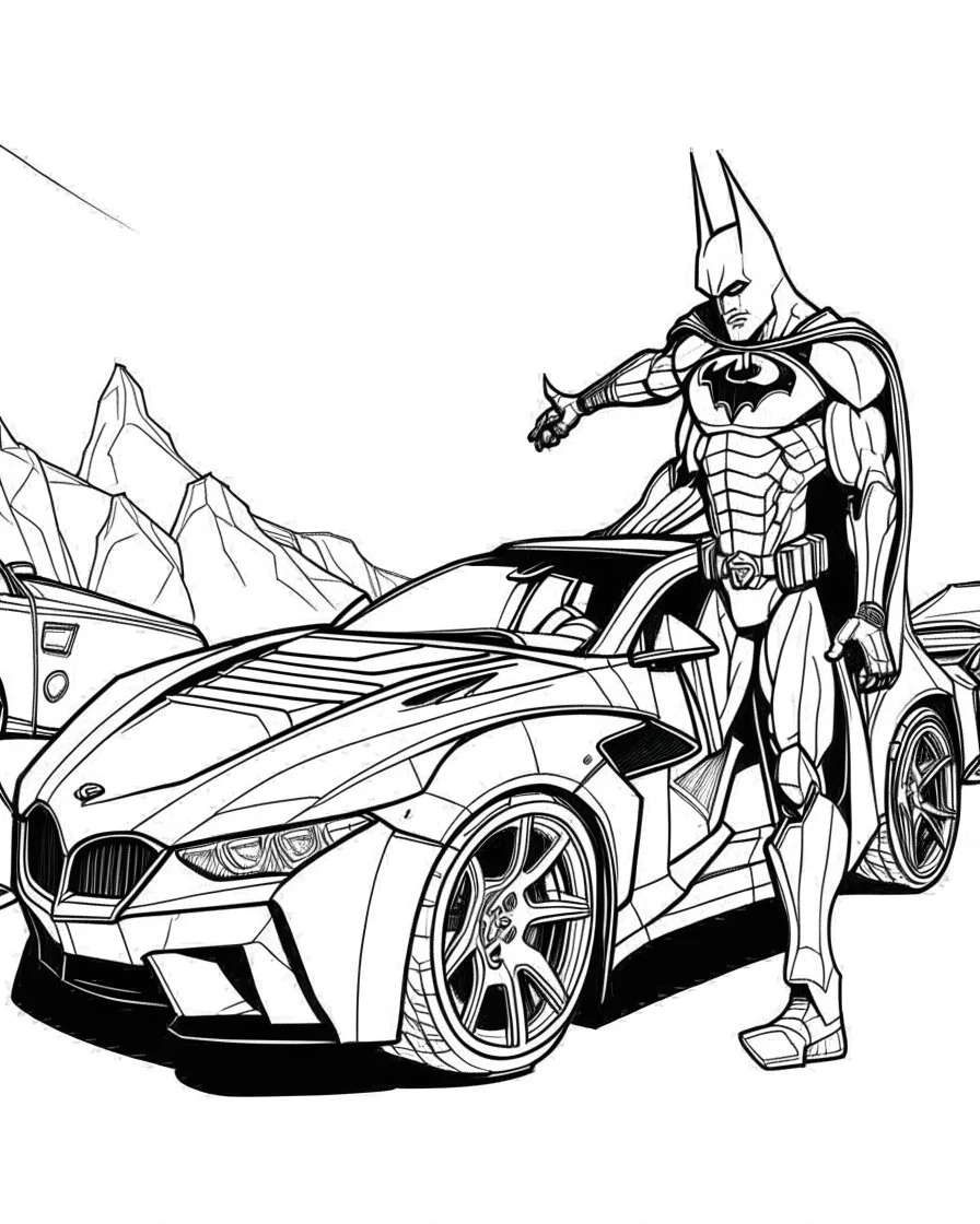 real massive batman attact to a car, coloring page, full body (((((white background))))), only use an outline., real style, line art, white, clean line art, white background, Sketch style.