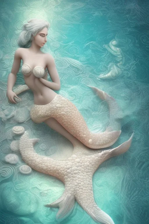 Intricately detailed white 3D paper patchwork with a mermaid, sea horses and starfish, style by Catherine Abel, Gediminas Pranckevicius digital painting elegant Award winning photography fantasy intricate 8k cinematic lighting very attractive beautiful high detail poster crisp quality Unreal Engine Michelangelo