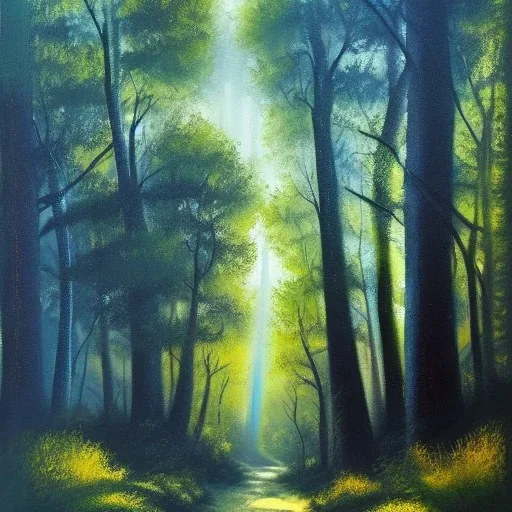 bob ross, deep forest painting, dappled sunlight, dark forest, path, tall trees