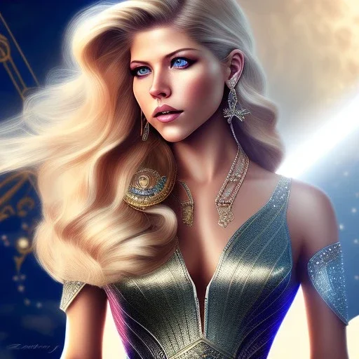 Katheryn Winnick, Cyborg queen, light blonde hair, pixie hairstyle, cobalt eyes, waist up portrait, 8k resolution, intricate details, ornate details, soft lighting, vibrant colors, masterpiece, intricate eyeliner, dark eyeshadow, eyes, intricate tattoos, gradient background