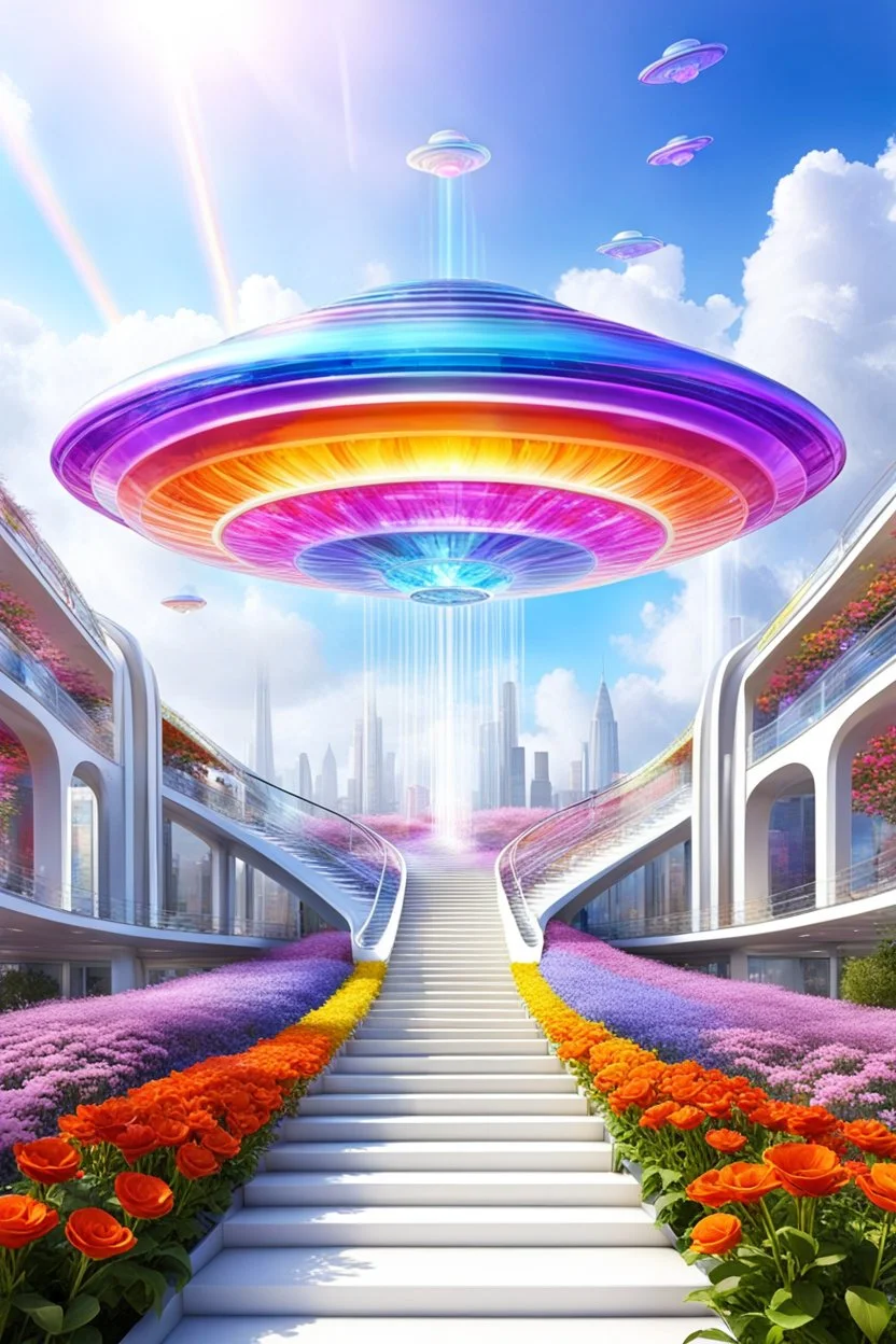 Ufo rainbow, futuriste ultra moderne,stairway to heaven,crystal very beautiful city,flowers garden,angels