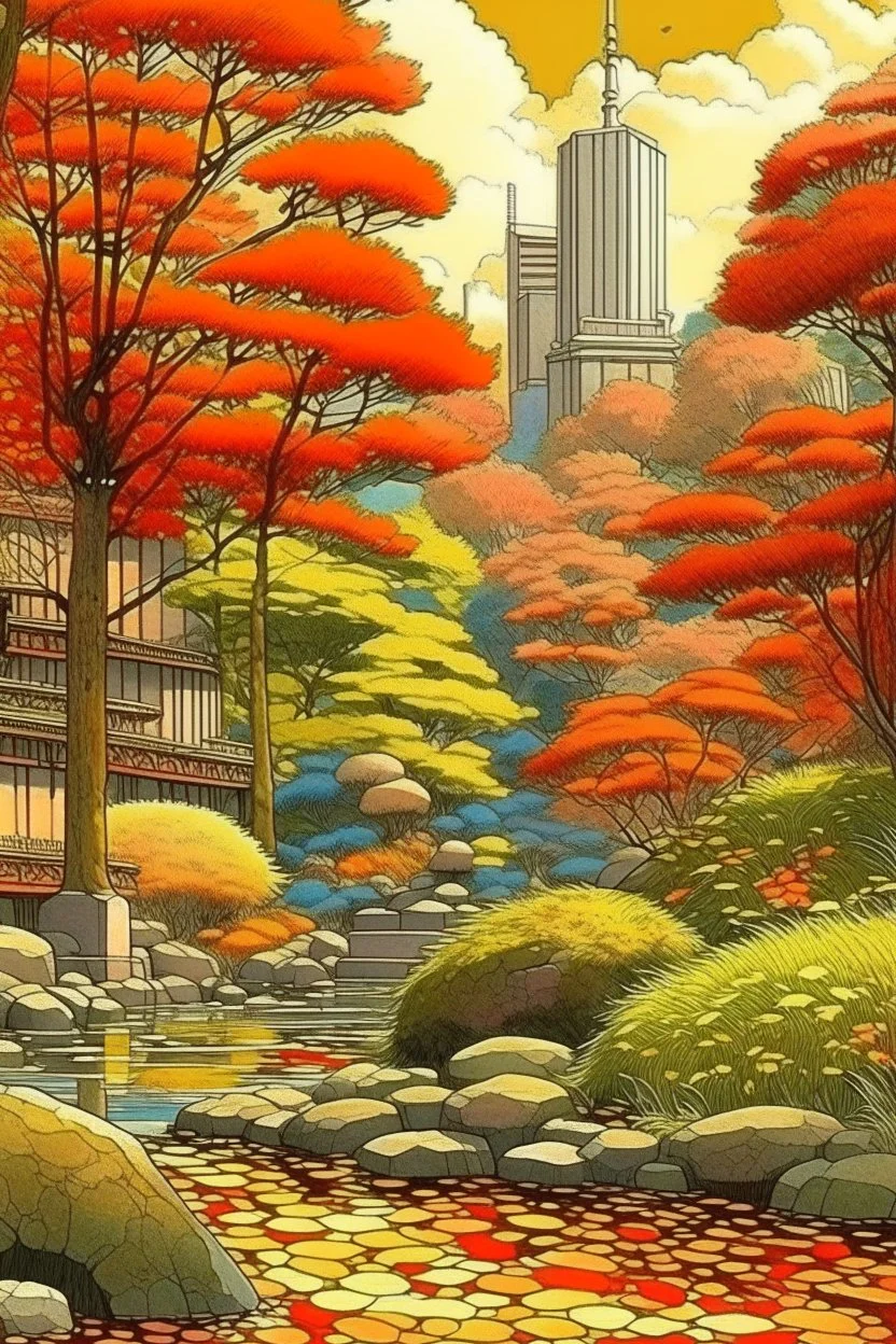 Tokyo garden in autumn abstract pencil STYLE OF HIROKU OGAI