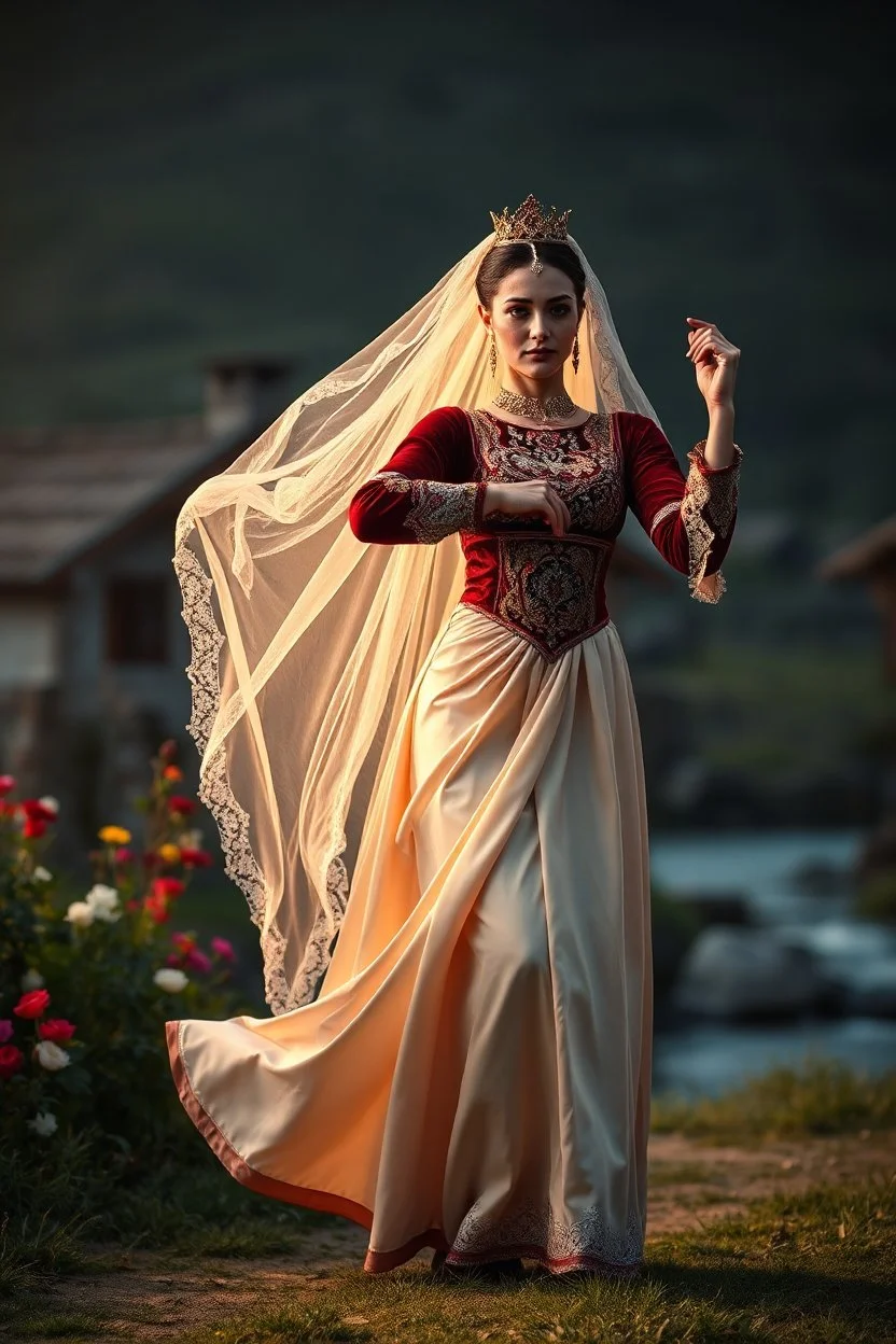 A full-body cinematic photograph of a graceful Azerbaijani woman performing a traditional national dance. She wears an intricately embroidered velvet bodice and a flowing long silk skirt. On her head is a small ornate traditional crown with a long, translucent white lace veil flowing elegantly behind her. She stands in a poised, elegant dance pose in a pretty country side village with dramatic professional spotlighting. next to river flowers