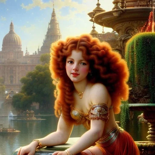 Hyperdetailed oil on canvas, young robyn lively sits by the ornate fountain, goldfish pond, lotus, detailed face, long red curly hair; by gaspar camps, maxfield parrish, alphonse mucha, cyril rolando, dan mumford; luminous colorful sparkles, glitter, airbrush, octane render, volumetric lighting, 16k