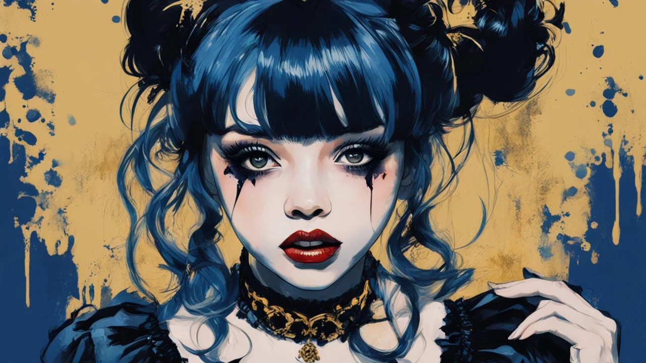 Poster in two gradually, a one side malevolent goth vampire girl face and other side the Singer Melanie Martinez face, painting by Yoji Shinkawa, darkblue and gold tones,