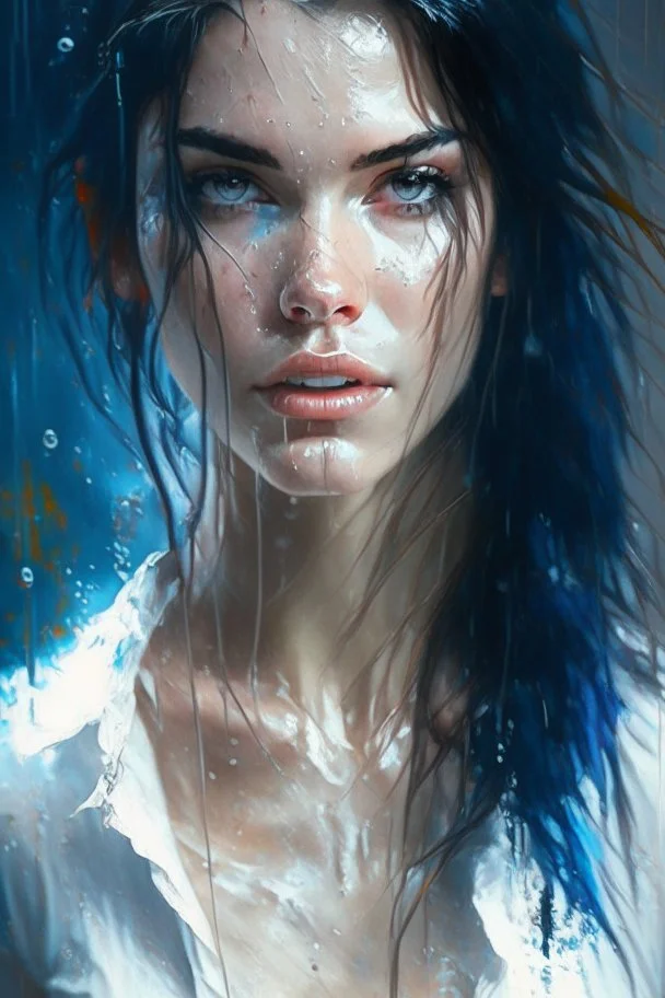 beautiful caucasian woman, age 23, wearing trendy wet white T-shirt, light black hair, Attractive posing, Full body, perfect detailed face, frame the head, blue-eye, glamour, wet skin, Wet hair, rain, hyperdetailed painting, luminism, art by Carne Griffiths and Wadim Kashin concept art, 8k resolution, fractal isometrics details bioluminescens , 3d render, octane render, intricately detailed , cinematic, trending on artstation Isometric gritty, realistic mucha, intricate, high definition,