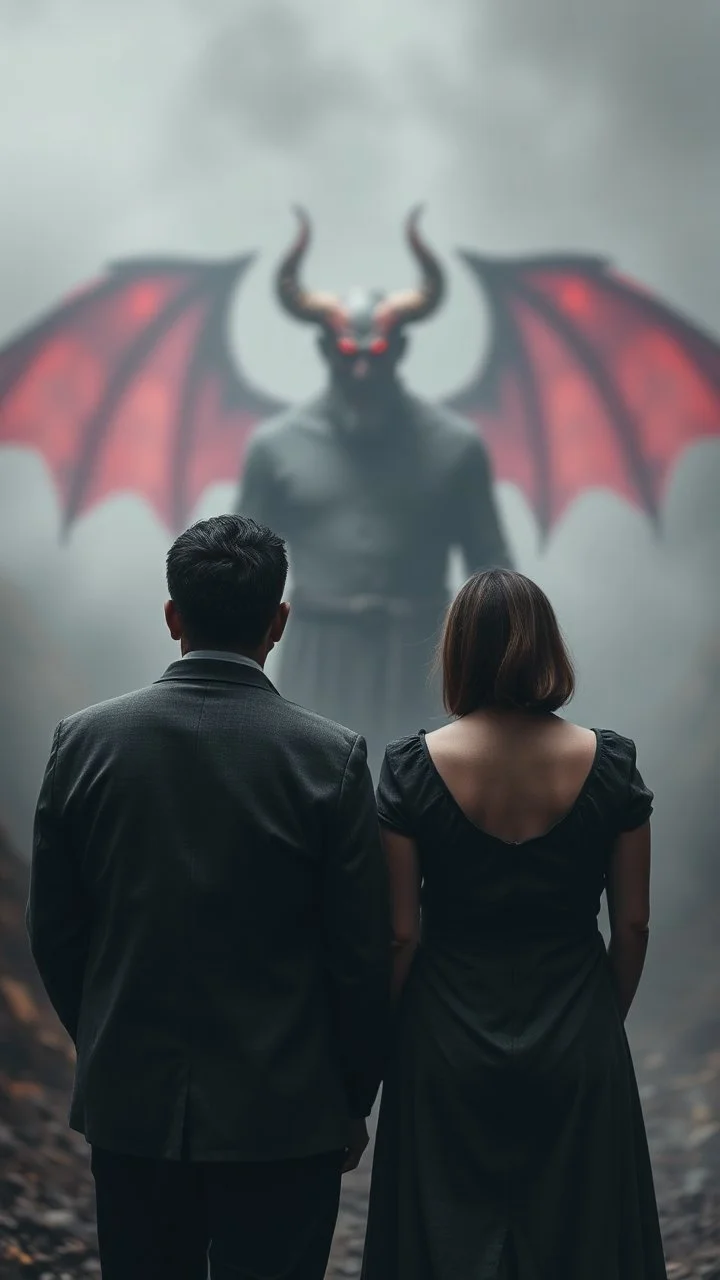 A man and a woman setting facing the front and a blurry ghostly vision of the devil standing behind