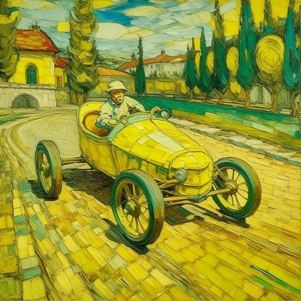 A pale light yellow speedy racecar theme park painted by Vincent van Gogh