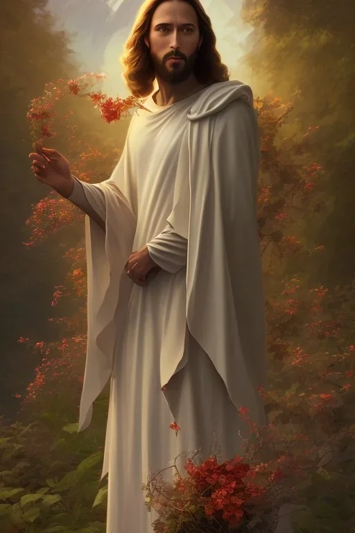 Jesus portrait , detailed hands, at dawn by atey ghailan, golden light , white robe, holding leaves and flowers , angels background, volumetric light, high detail, red leaf tree, mountains in background, perfect