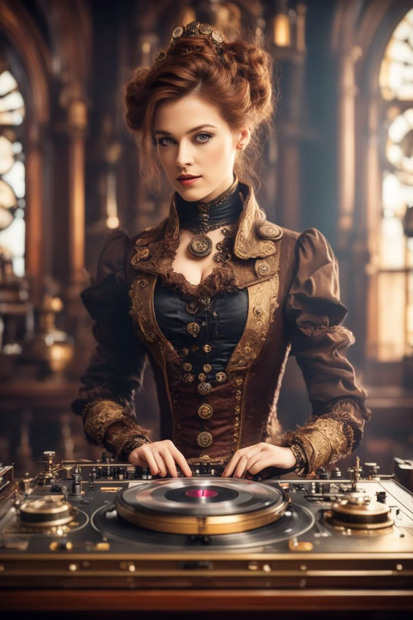 Front view Photography Ultra Realistic HD Natural Beauty Steampunk classic Victorian woman as dj player, chromatic aberrations, establishing shot, tilt-shift effect