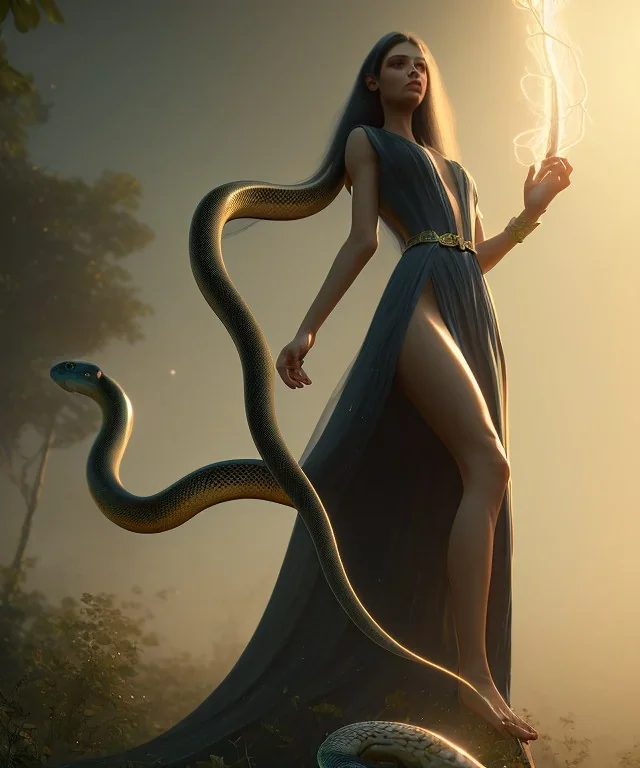 Holy Virgin, celestial light, beautiful, long fabric dress, beautiful long black hair to the waist, big snake resting on shoulders, holding snake, head and shoulders portrait, 8k resolution concept art portrait by Greg Rutkowski, Unreal Engine 5 volumetric lighting