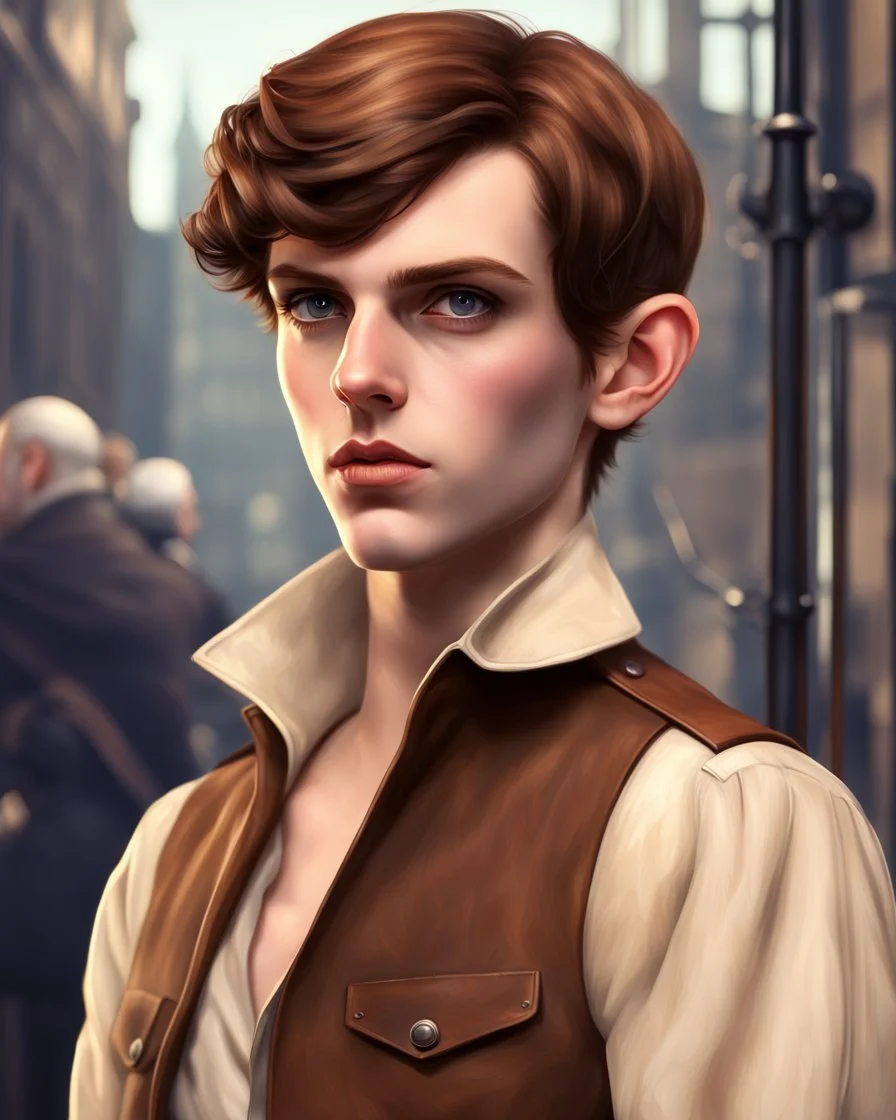 young noble swordman short brown hair photorealistic dieselpunk