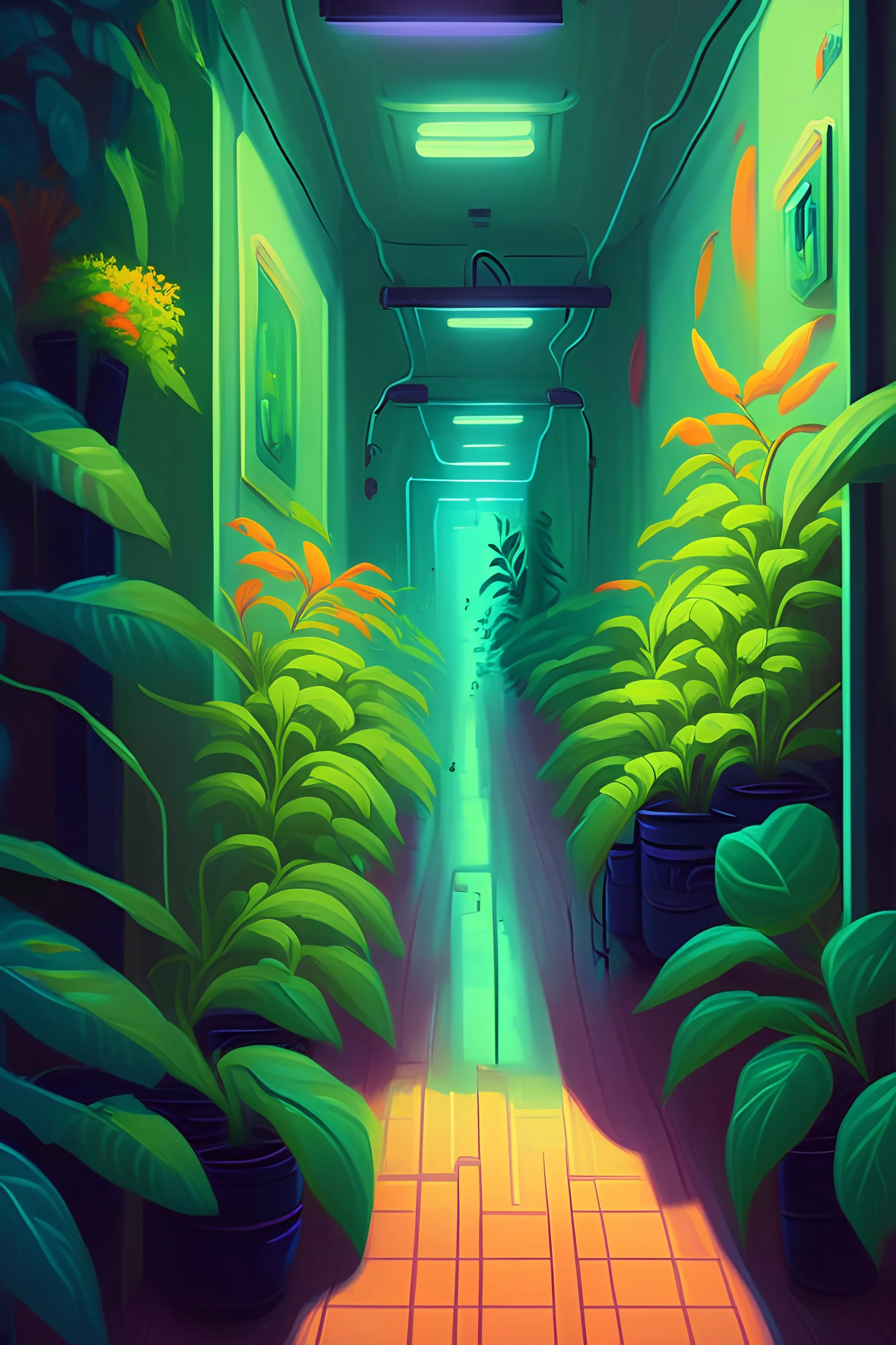 painting of bright corridor full of plants with several sensors plugged everywhere