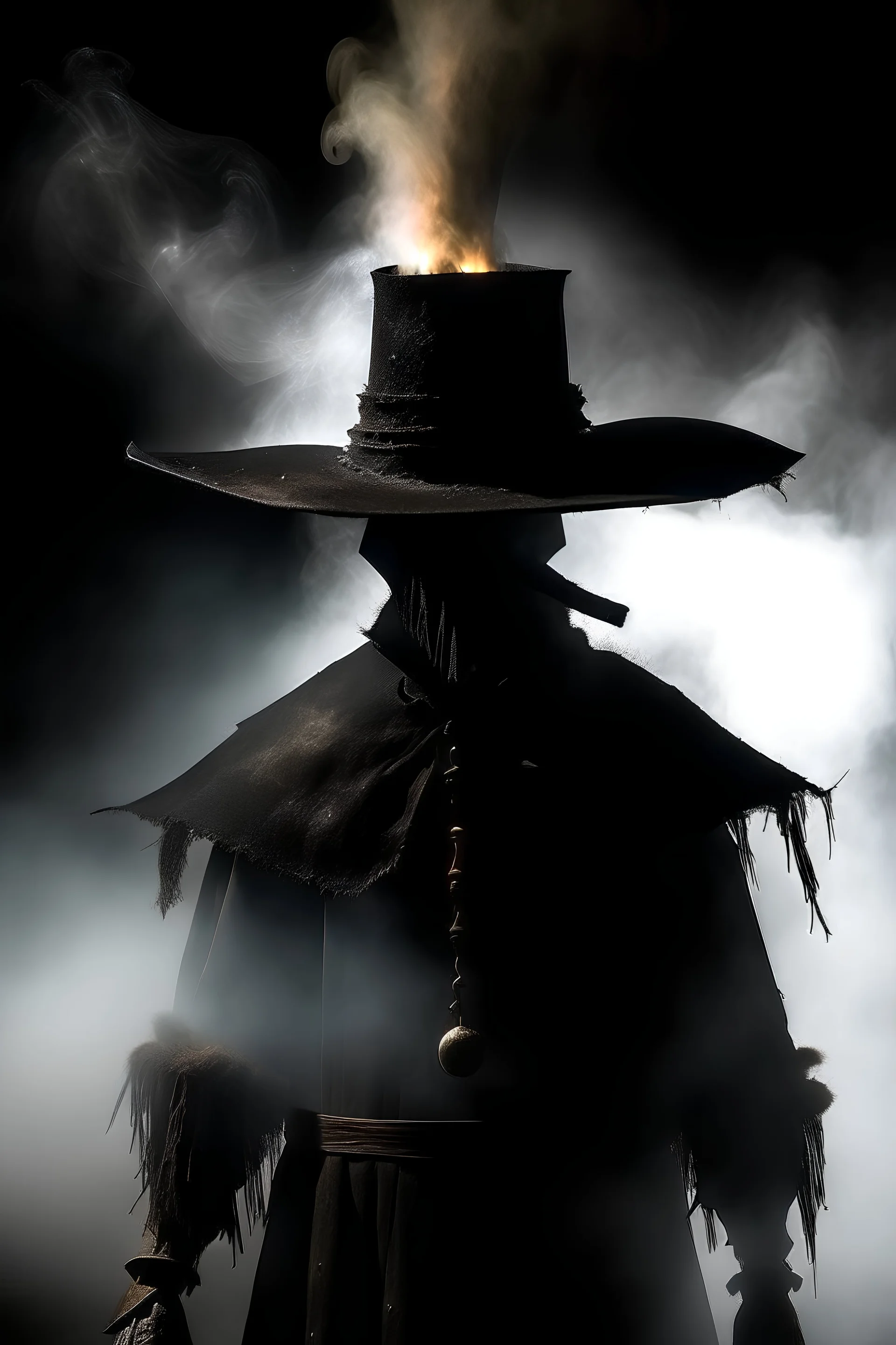 humanoid figure made of dark shadow and smoke wearing witch hunter hat